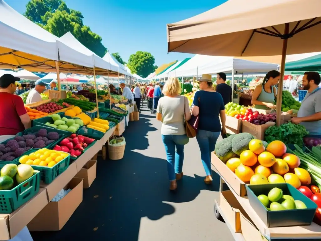 Vibrante mercado orgánico con frutas y verduras frescas, fomentando la planificación de menús bajos en carbono