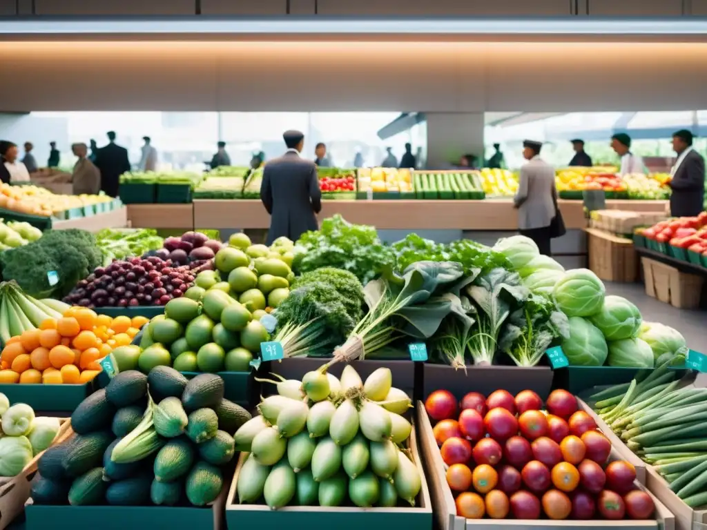 Vibrante mercado orgánico con productos coloridos y profesionales interesados en alimentos orgánicos