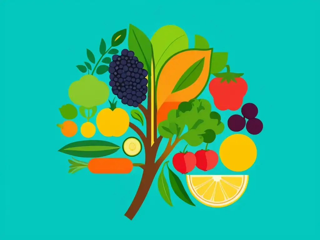 Una ilustración vibrante y minimalista de un cerebro compuesto por frutas y verduras orgánicas, mostrando la conexión entre alimentos orgánicos y salud mental