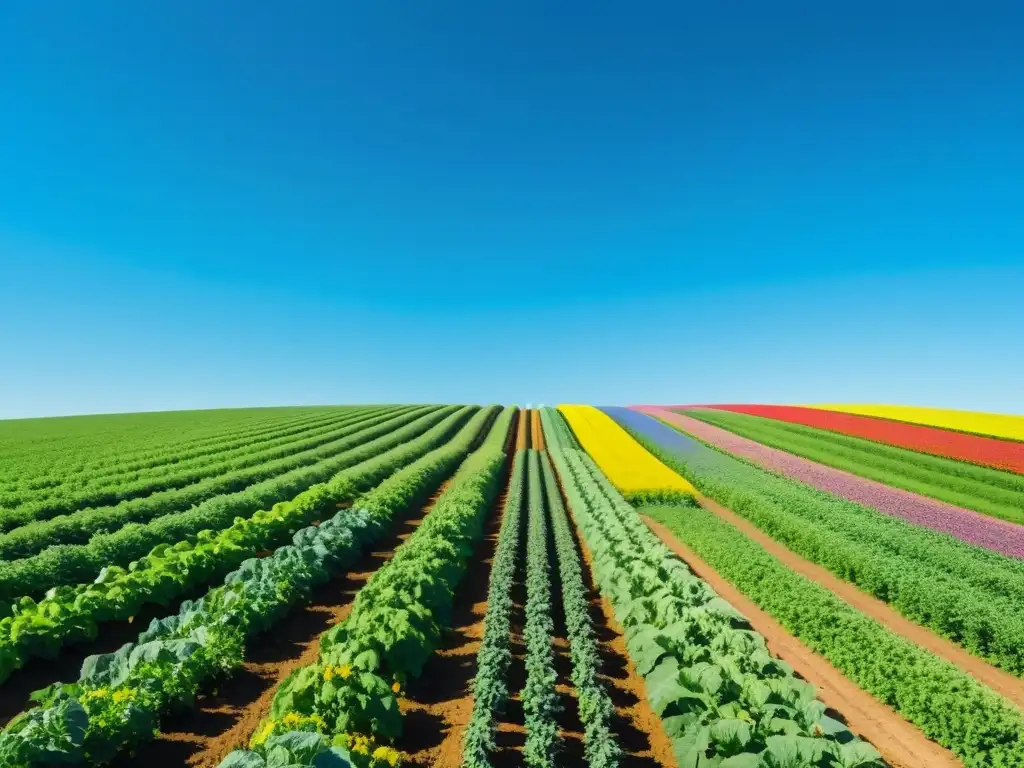 Una ilustración vibrante y minimalista de una próspera granja orgánica, con cultivos coloridos bajo un cielo azul