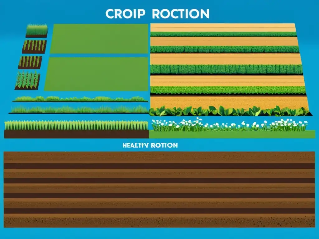 Una ilustración vibrante y minimalista de un sistema de rotación de cultivos diverso y saludable, con cultivos etiquetados, bajo un cielo azul claro