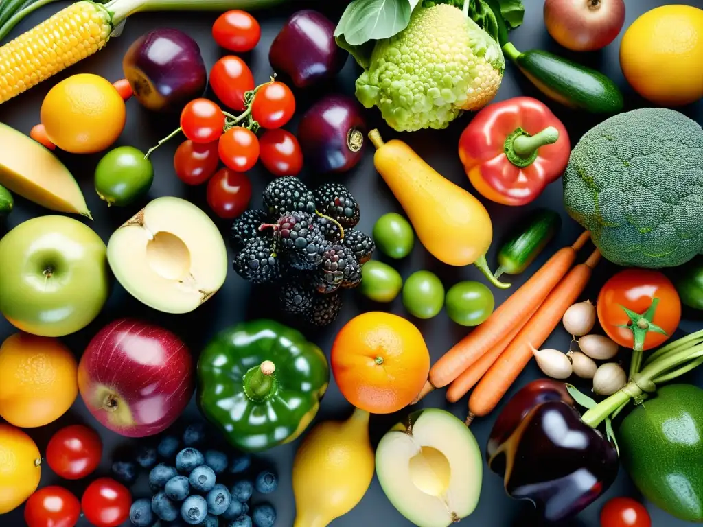 Un vibrante mosaico de frutas y verduras orgánicas, destacando sus colores y texturas