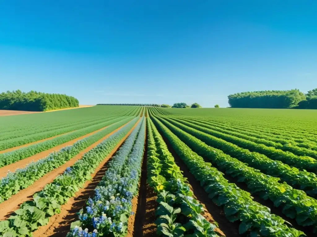 Vibrante producción orgánica en cambio climático: granja armoniosa con cultivos verdes y apicultura en un día soleado