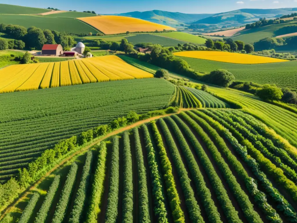 Vibrante agricultura orgánica en idílico entorno rural, con cultivos en filas y suaves colinas verdes bajo cálido sol