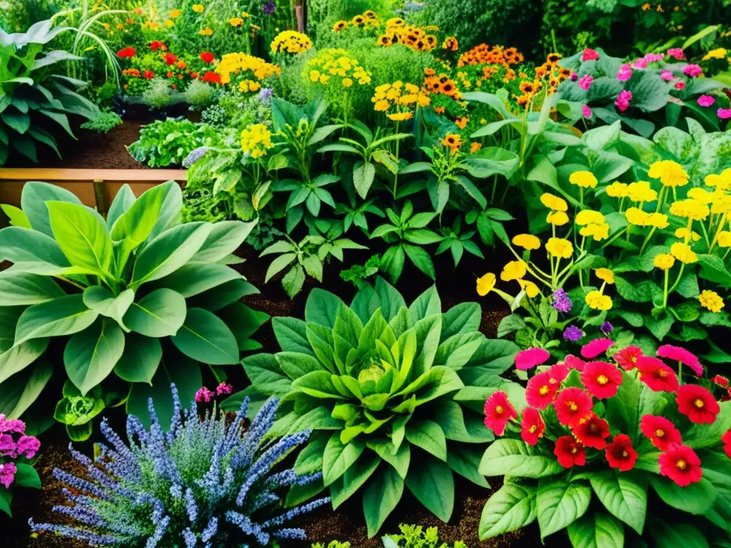 Vibrante jardín de permacultura con plantas exuberantes y flores coloridas