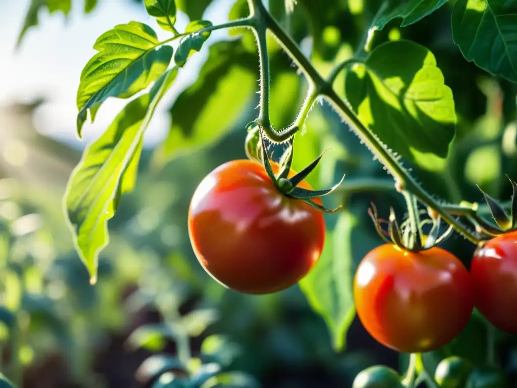 Vibrante planta de tomate orgánica, con frutos maduros y hojas verdes exuberantes, bañada por la luz del sol