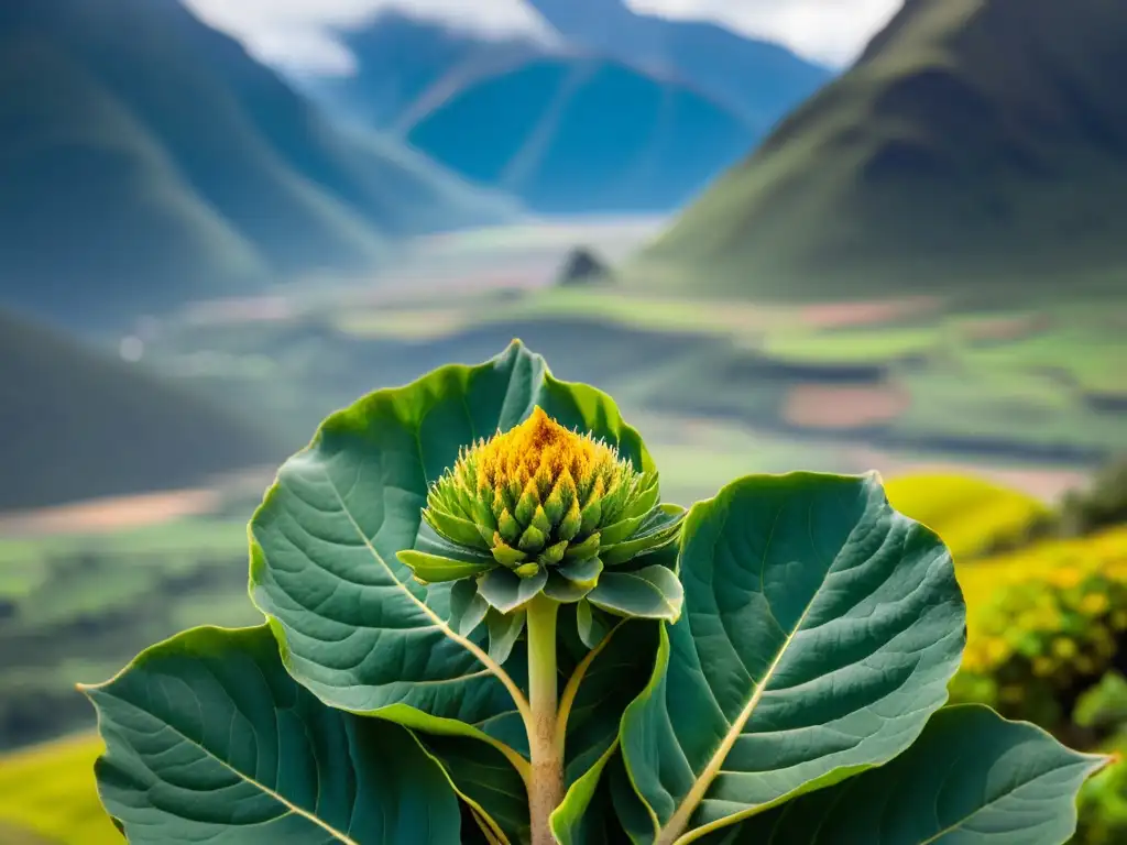 Una raíz de maca orgánica vibrante rodeada de exuberantes montañas andinas, evocando energía y vitalidad