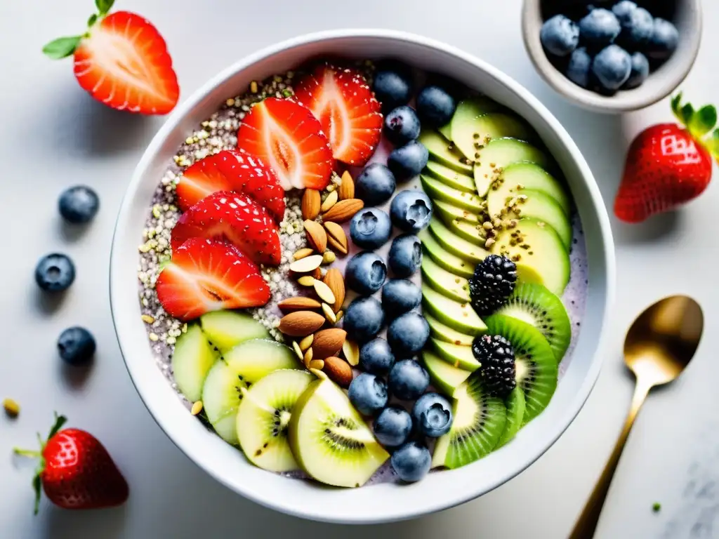 Vibrante smoothie bowl de frutas orgánicas y superfoods, con colores y frescura que inspiran salud y bienestar