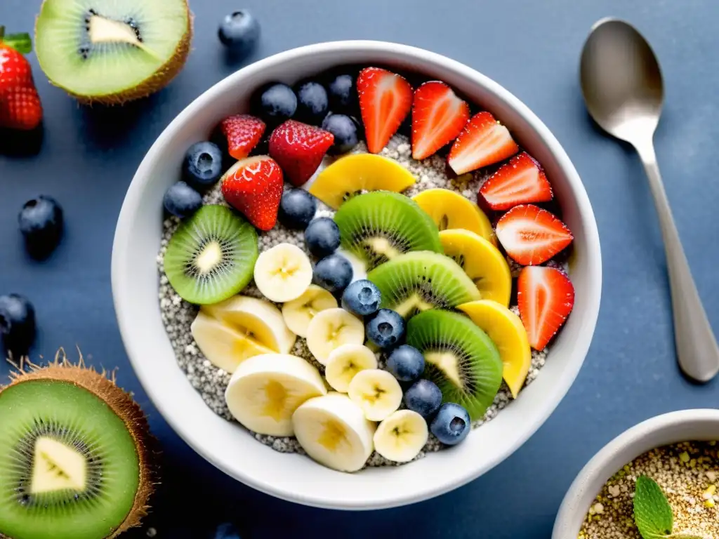 Vibrante smoothie bowl con frutas orgánicas superfoods en presentación artística