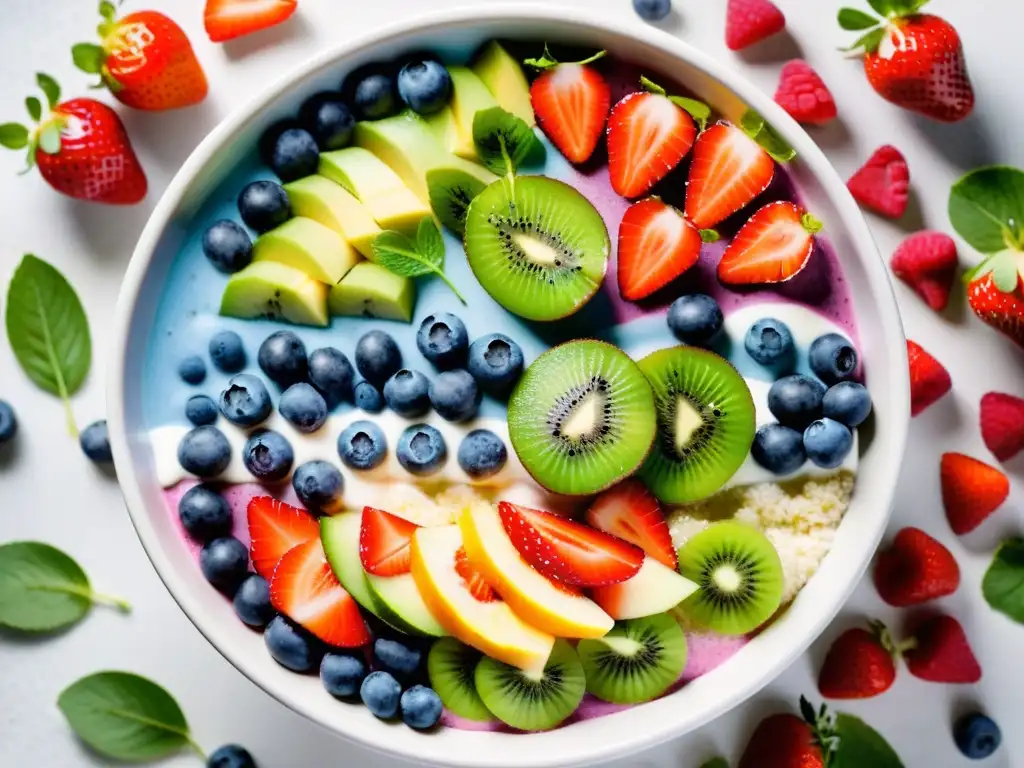 Un vibrante smoothie bowl con frutas orgánicas superfoods en composición artística y apetitosa