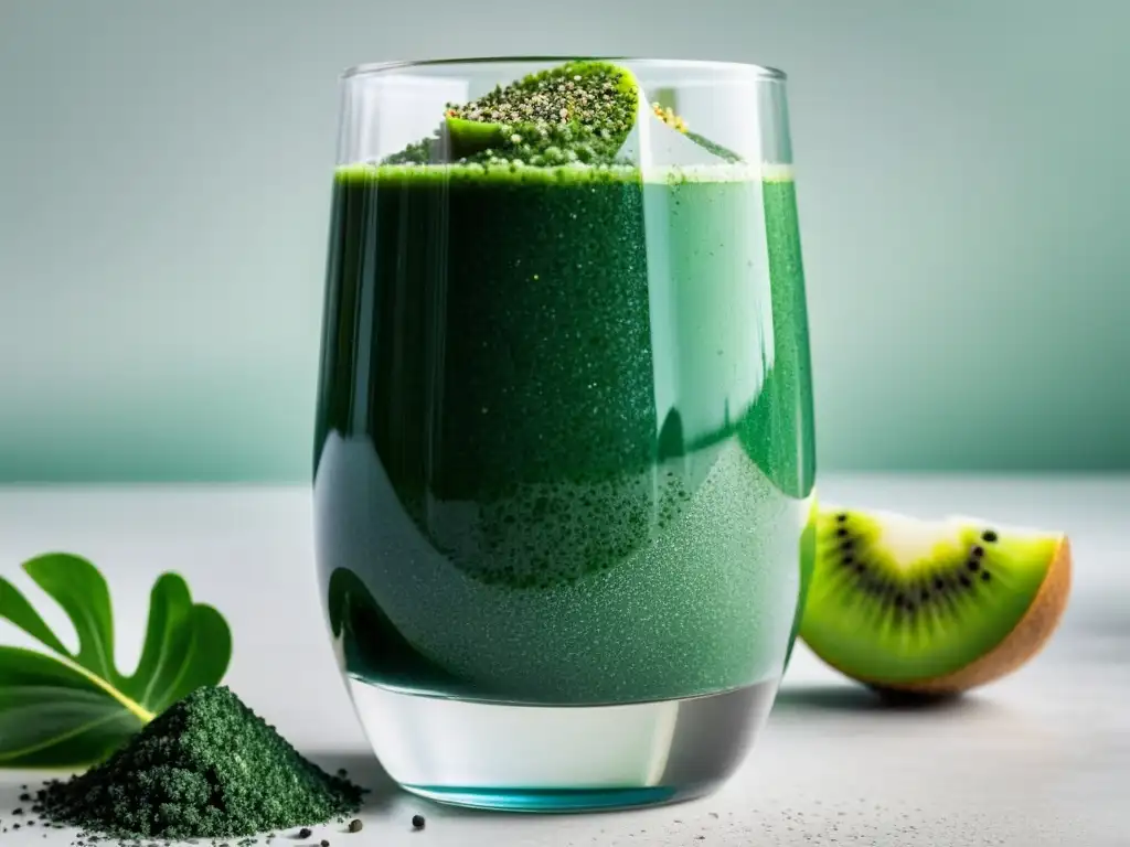 Vibrante smoothie de espirulina orgánica fitness con chía, kiwi y menta en vaso transparente sobre fondo blanco