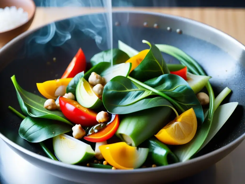 Vibrante stirfry asiático con vegetales orgánicos en wok tradicional tailandés, capturando texturas y colores