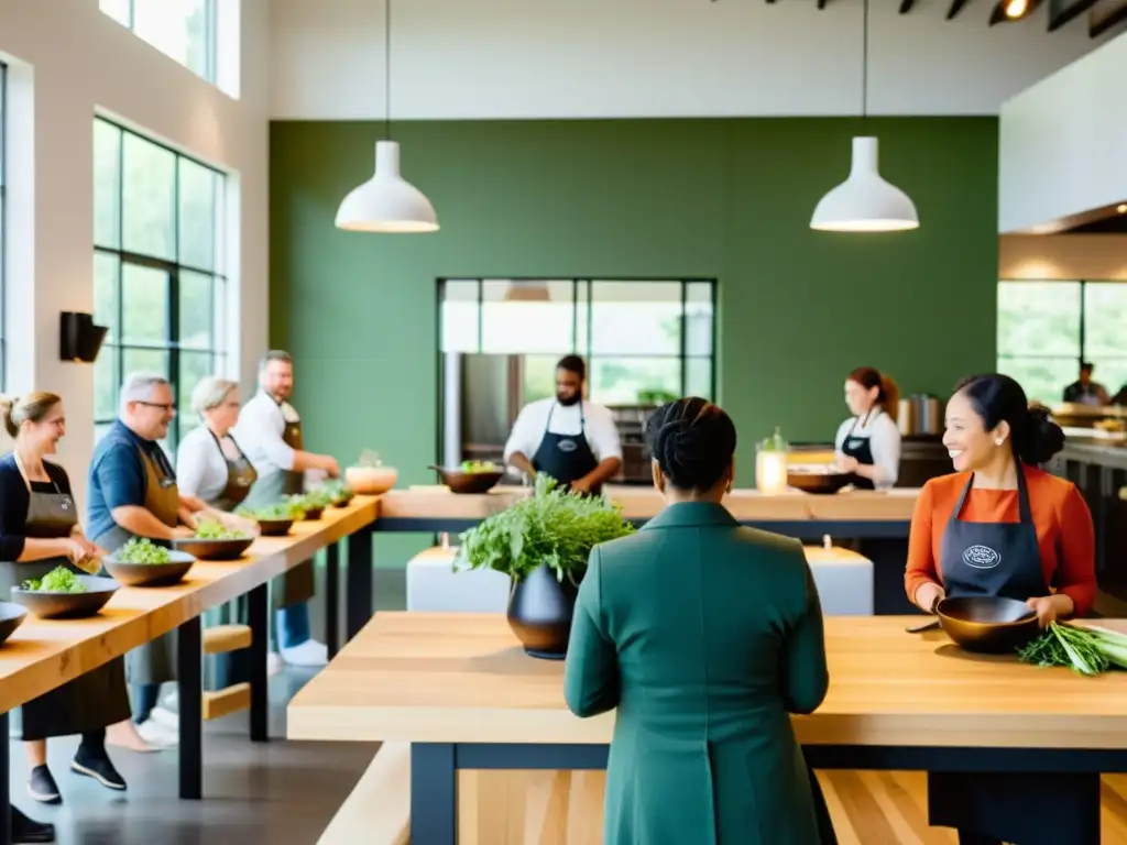 Un vibrante taller culinario en un restaurante orgánico, con participantes entusiastas y un chef demostrando técnicas culinarias con precisión