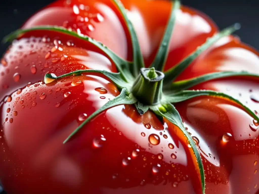 Vibrante tomate orgánico con gotas de agua, reflejando luz