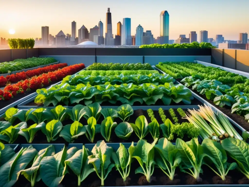 Vibrante agricultura urbana orgánica en un jardín en la azotea, entre rascacielos de cristal, bajo el cálido sol poniente