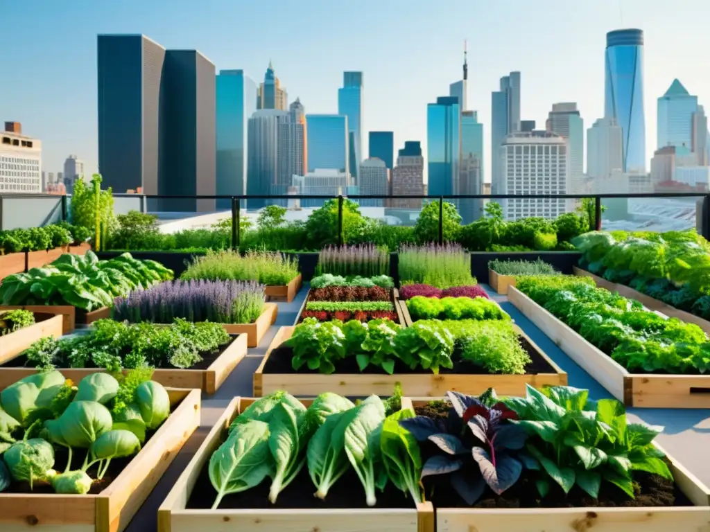 Vibrante jardín urbano orgánico en la ciudad, con verduras y hierbas en camas elevadas