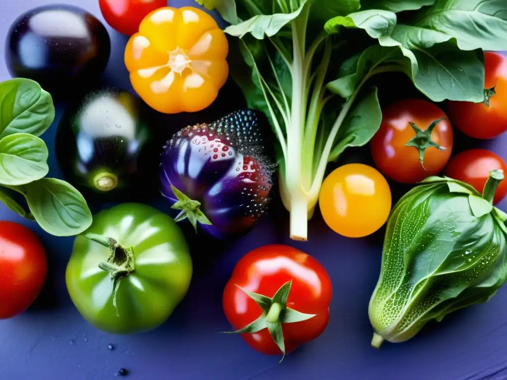 Una vibrante variedad de frutas y verduras orgánicas frescas, con colores y texturas naturales