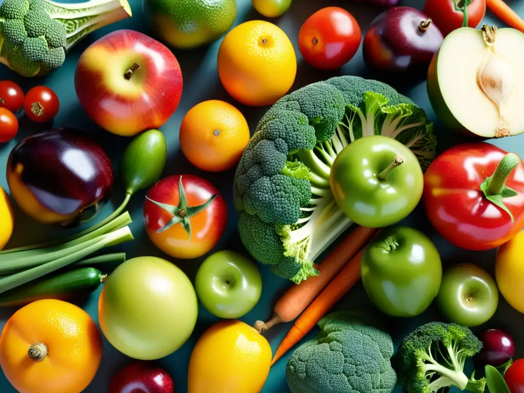 Vibrante variedad de frutas y verduras orgánicas, resaltando sus texturas y colores