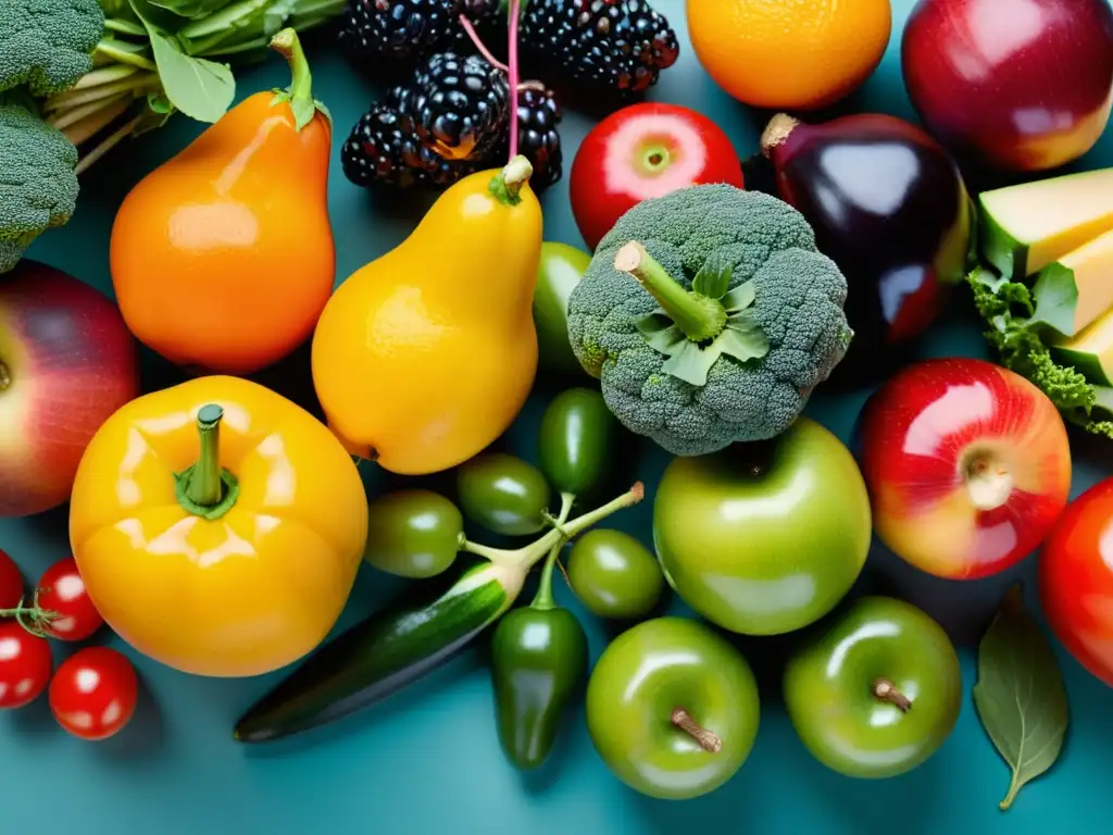 Una vibrante variedad de frutas y verduras orgánicas recién cosechadas, dispuestas de forma artística en un fondo blanco