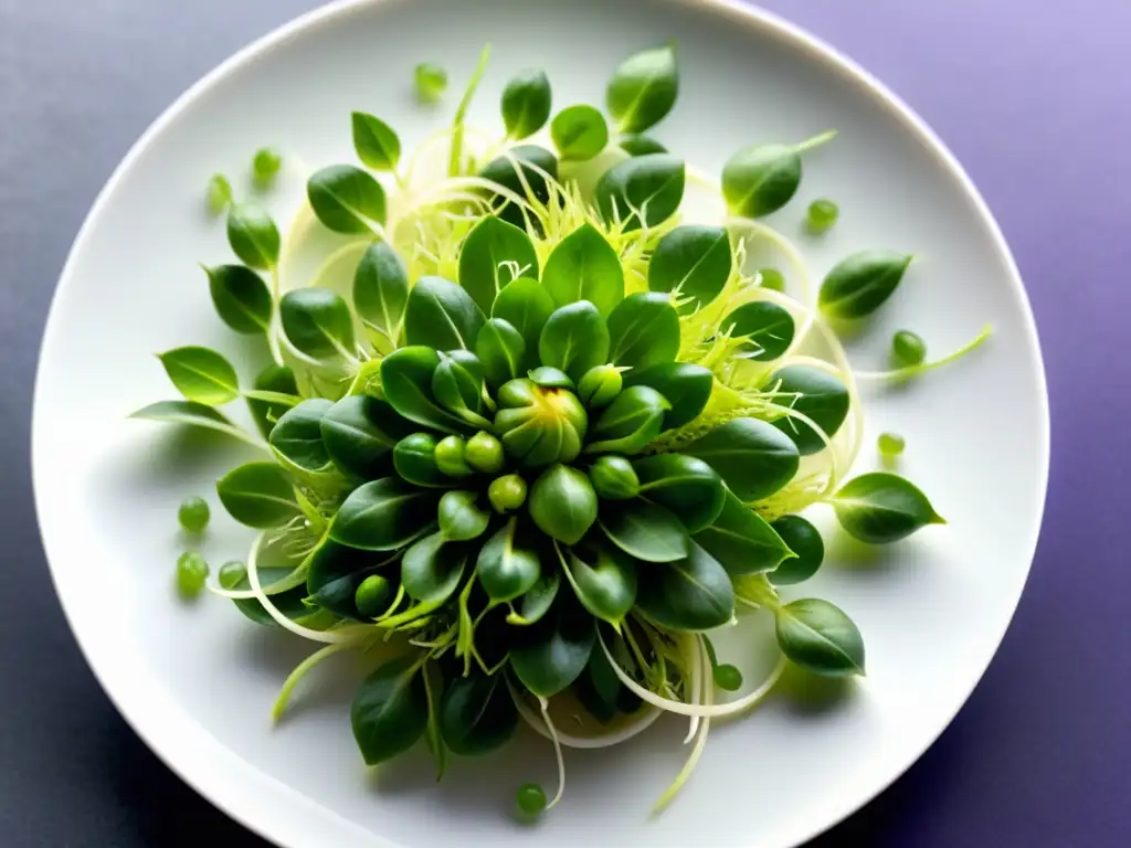 Vibrantes brotes orgánicos en un plato blanco, resaltando su frescura y vitalidad