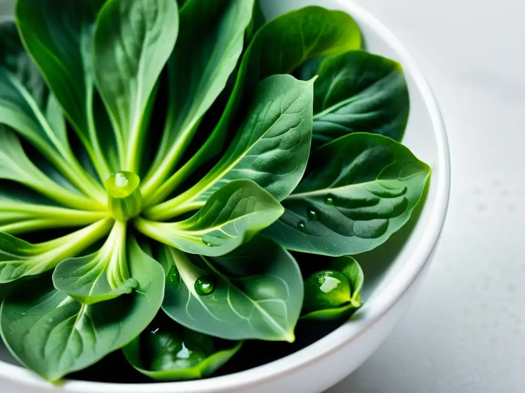 Vibrantes hojas verdes de bok choy en un cuenco blanco, reflejando la frescura y la elegancia de la cocina orgánica estilo chino