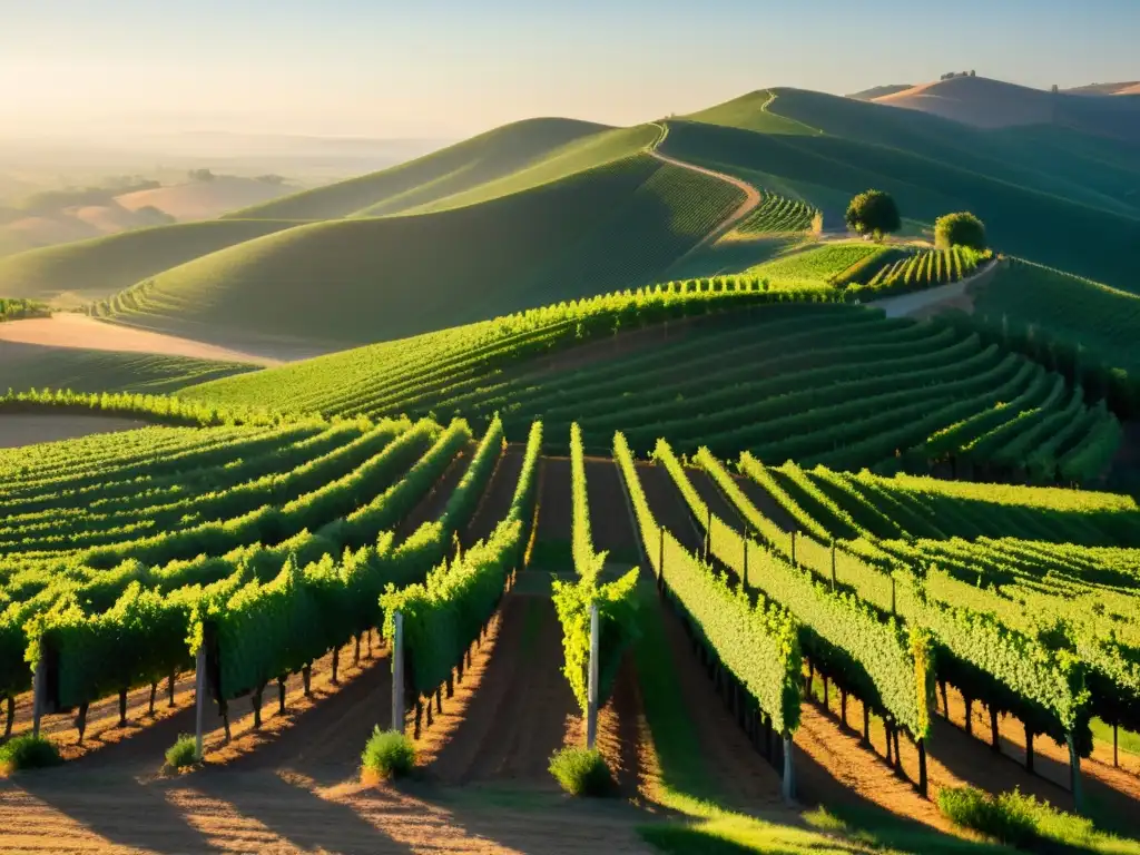 Viñedo orgánico al amanecer, con vides verdes y luz dorada