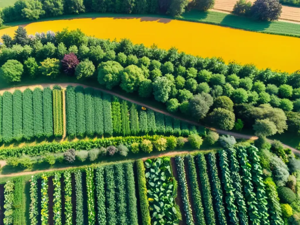 Vista aérea de una biodinámica granja con cultivos ordenados y un ambiente natural vibrante