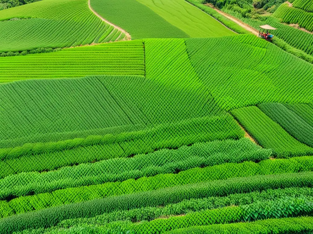 Vista aérea de un campo de té matcha orgánico, con filas de plantas verdes vibrantes