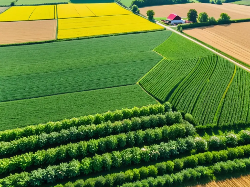 Vista aérea de campo agrícola verde exuberante con cultivos orgánicos, regulación fertilizantes orgánicos sostenibilidad