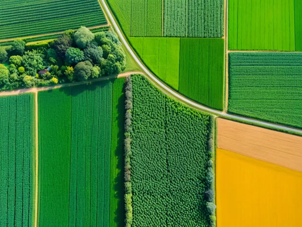 Contraste impactante: cultivos orgánicos y convencionales en campo verde Vista aérea de campos verdes divididos en cultivos orgánicos y convencionales, resaltando la huella de carbono de los cultivos orgánicos