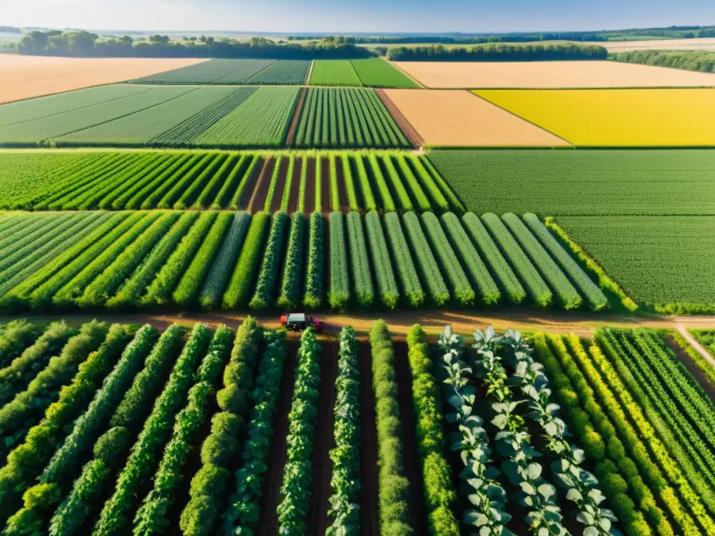 Vista aérea de cooperativas en la industria orgánica: granja orgánica con cultivos verdes y trabajadores cuidando las plantas bajo el sol dorado