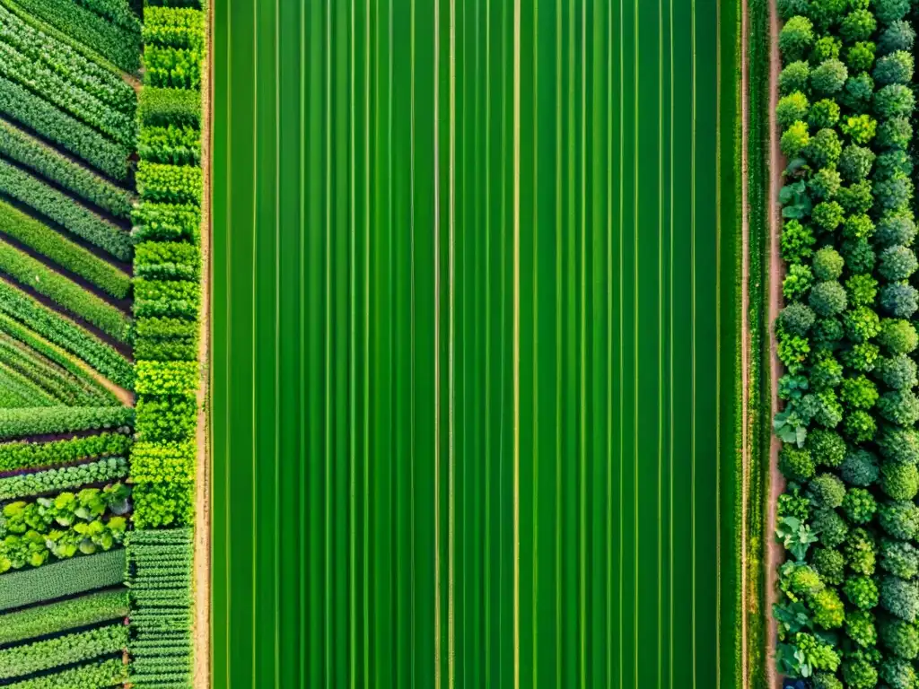 Vista aérea de cultivo orgánico con análisis de suelos para cultivos orgánicos, mostrando salud y productividad en la naturaleza