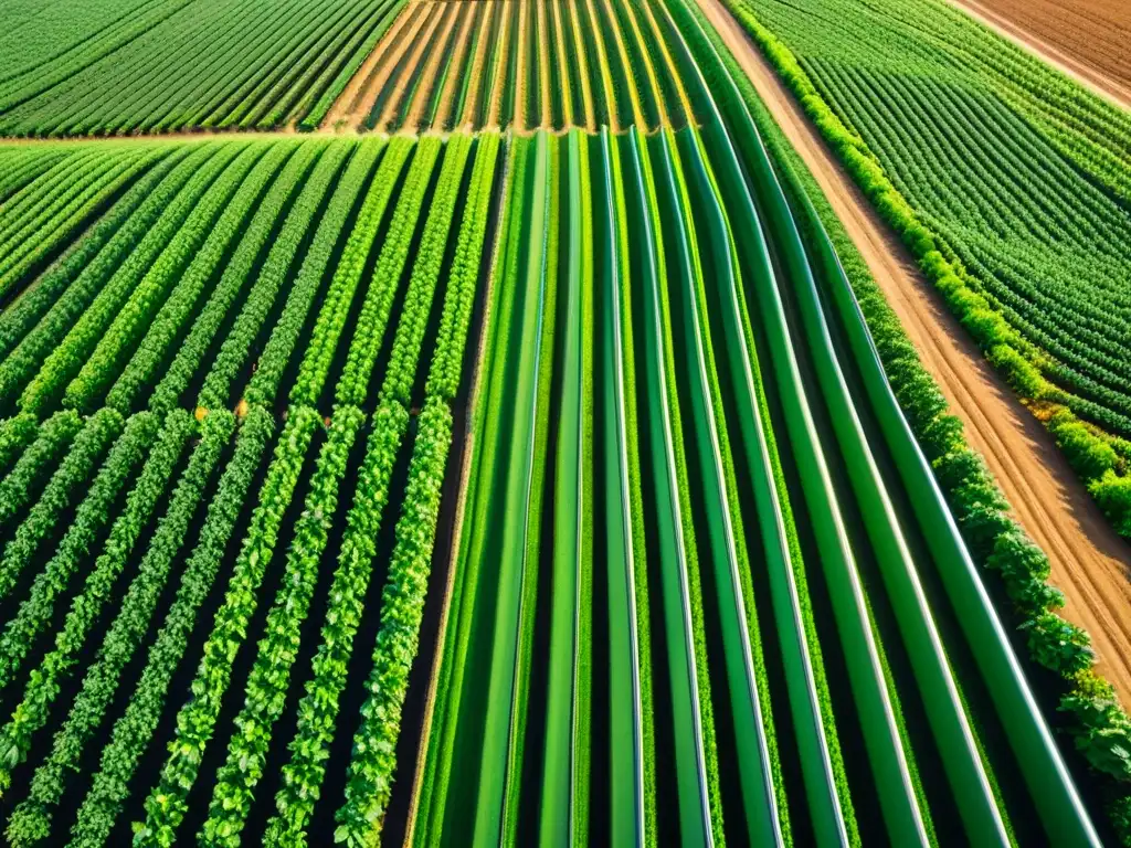 Vista aérea de cultivos orgánicos con tecnología de riego inteligente, resaltando la armonía entre naturaleza e innovación