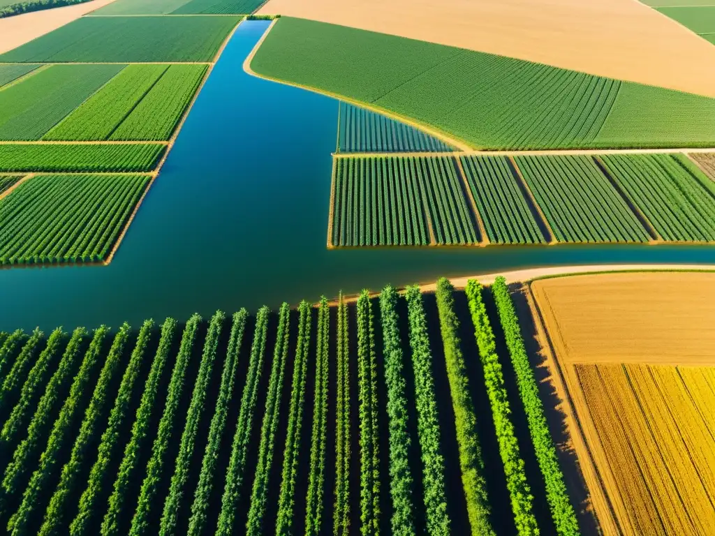 Vista aérea de cultivos orgánicos verdes siendo irrigados con métodos de riego ecológico, bañados por la cálida luz del sol y un lago sereno al fondo