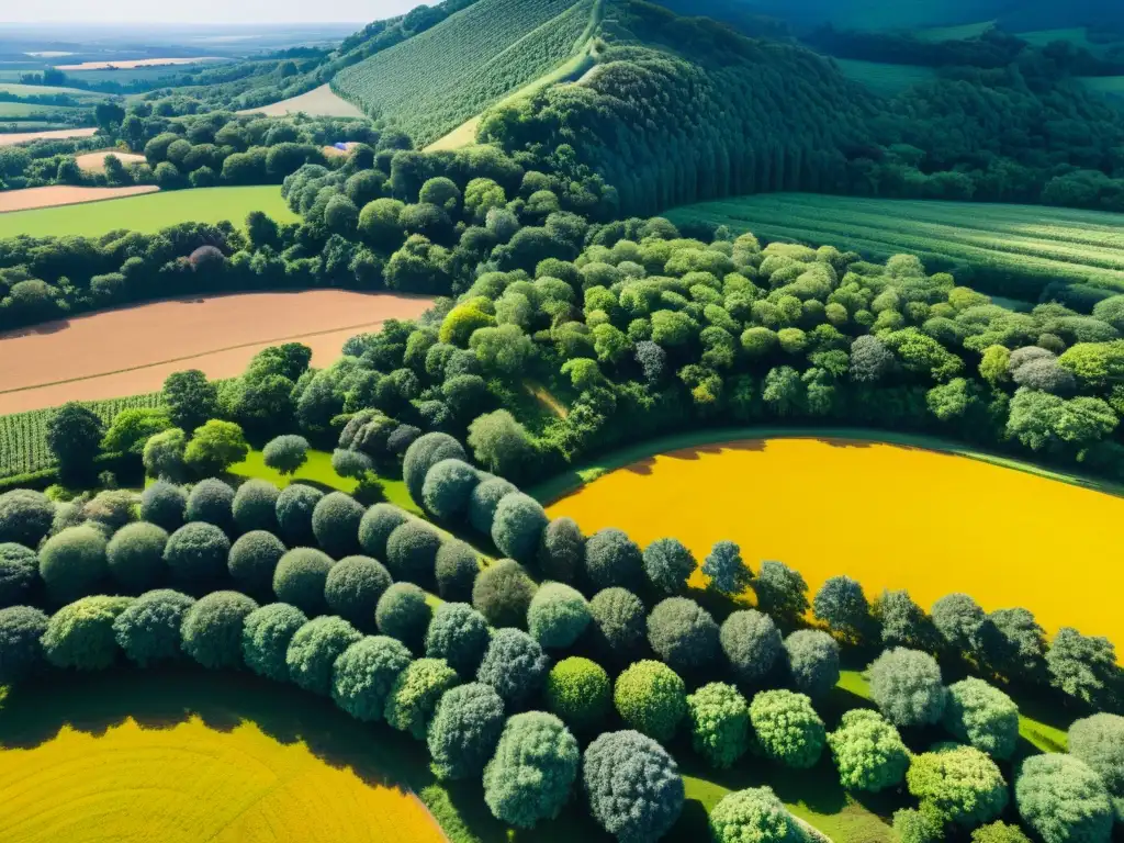 Vista aérea detallada de agroforestería orgánica, reciclaje en acción con árboles frutales, cultivos y granjas sostenibles