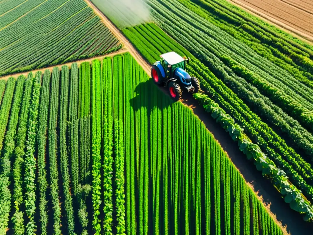 Vista aérea de una extensa finca orgánica, con cultivos verdes y un tractor