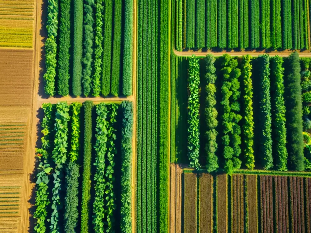 Vista aérea de un exuberante campo de cultivos orgánicos con rotación, resaltando la salud del suelo y la diversidad de cosechas en crecimiento