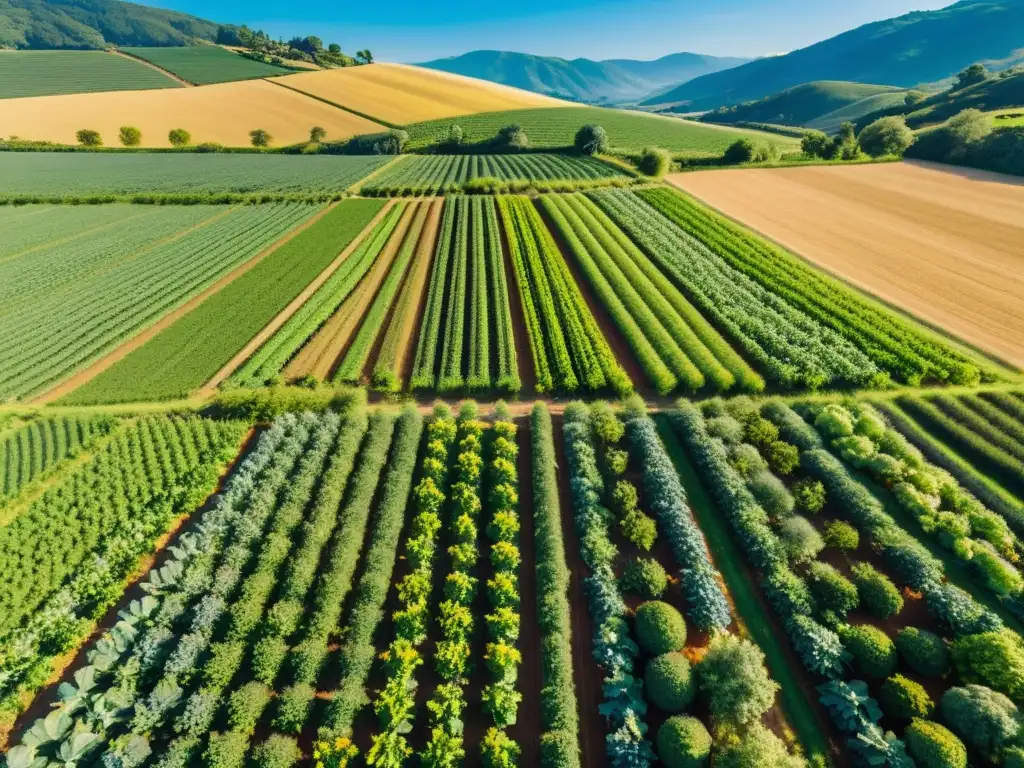 Vista aérea de una exuberante granja orgánica, campos dorados y trabajadores