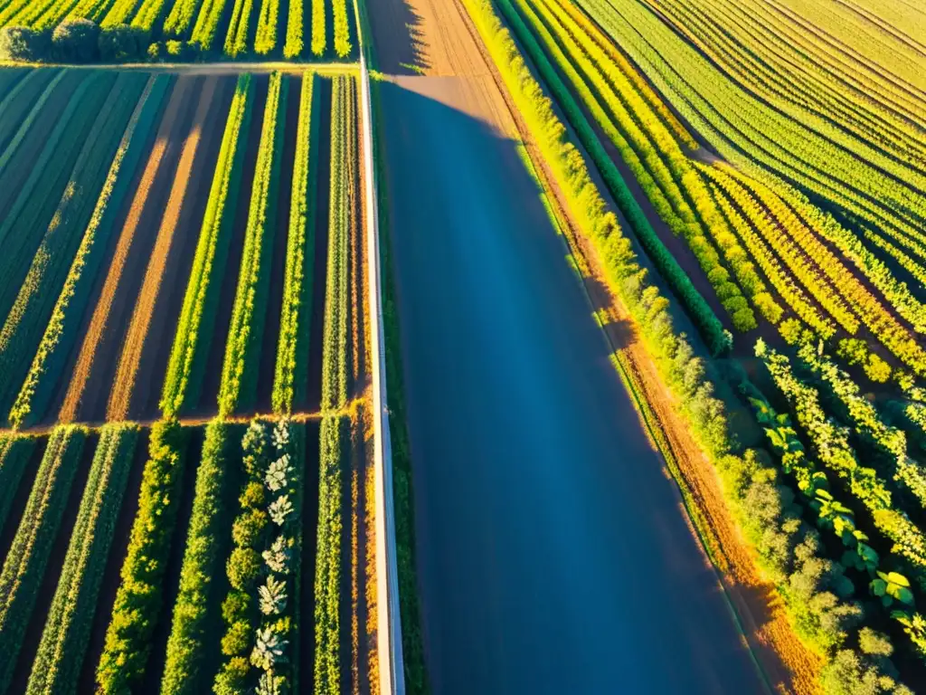 Vista aérea de una exuberante granja orgánica con cultivos coloridos bajo el sol