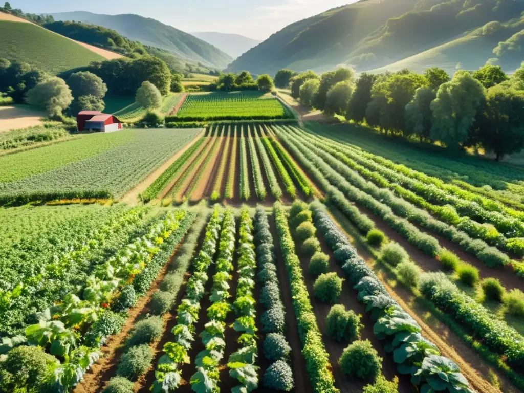 Vista aérea de una exuberante granja orgánica rodeada de colinas, transmitiendo paz y tranquilidad