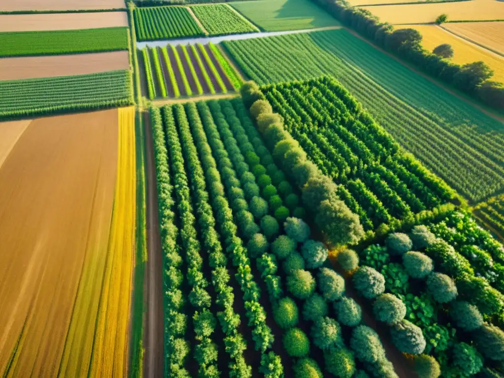 Vista aérea de una exuberante granja orgánica con cultivos en hileras, bañada por la cálida luz dorada del atardecer