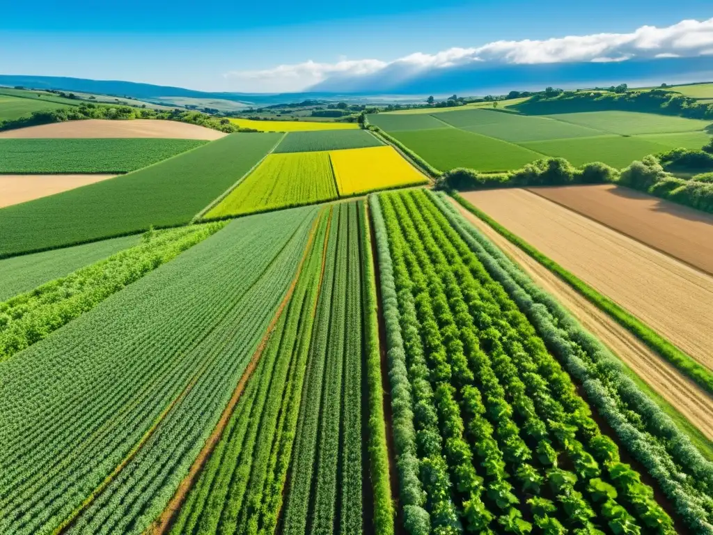 Vista aérea de una exuberante granja orgánica, con cultivos verdes que se extienden hacia el horizonte