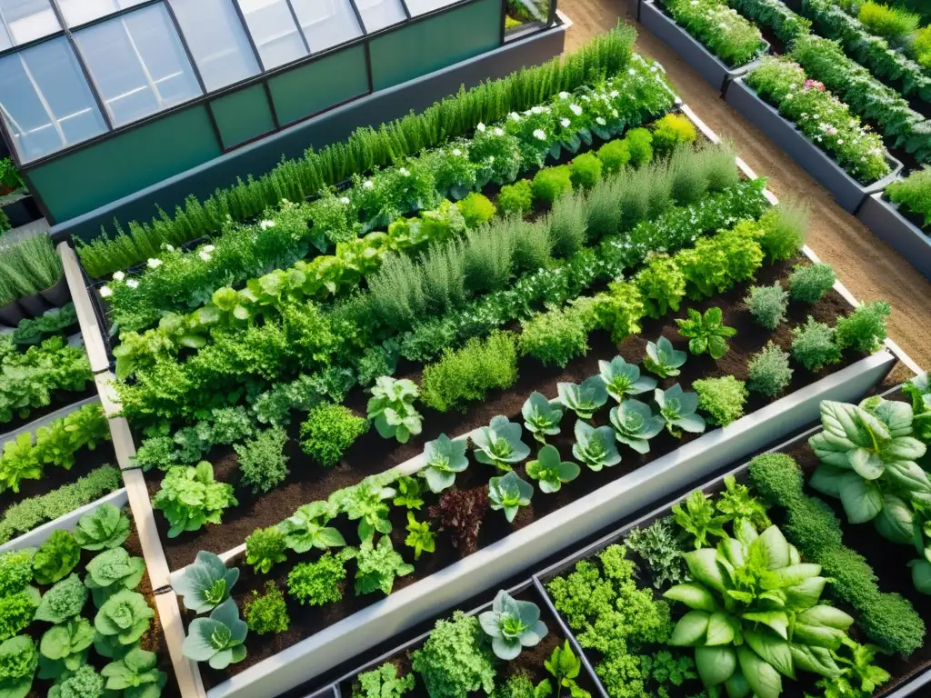 Vista aérea de un exuberante jardín urbano con cultivos orgánicos