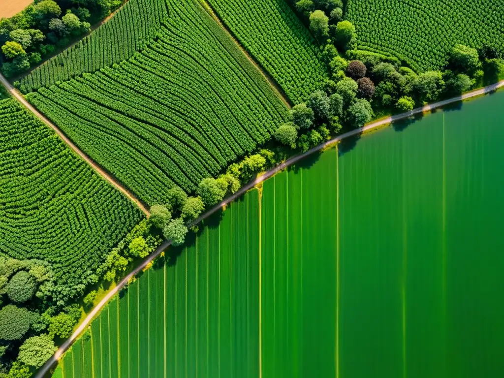 Vista aérea fascinante de un sistema agroforestal exuberante, mostrando la armonía entre árboles altos y cultivos vibrantes