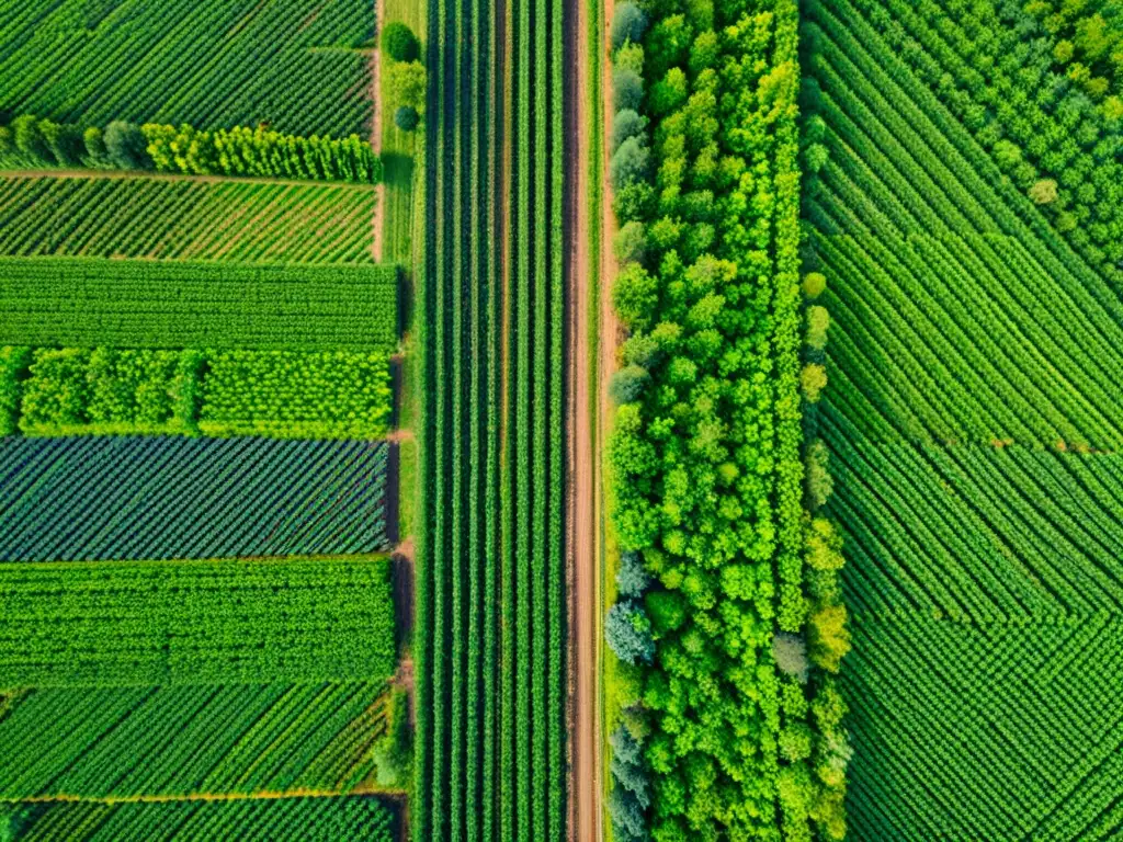 Vista aérea de una finca orgánica vibrante con monitoreo avanzado, campos de cultivo ordenados y cielo azul claro