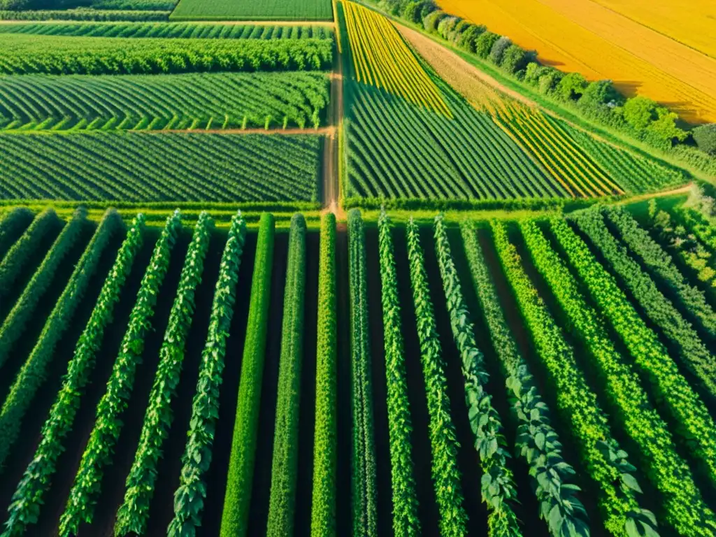 Vista aérea de una granja ecológica con cultivos ordenados y exuberante vegetación