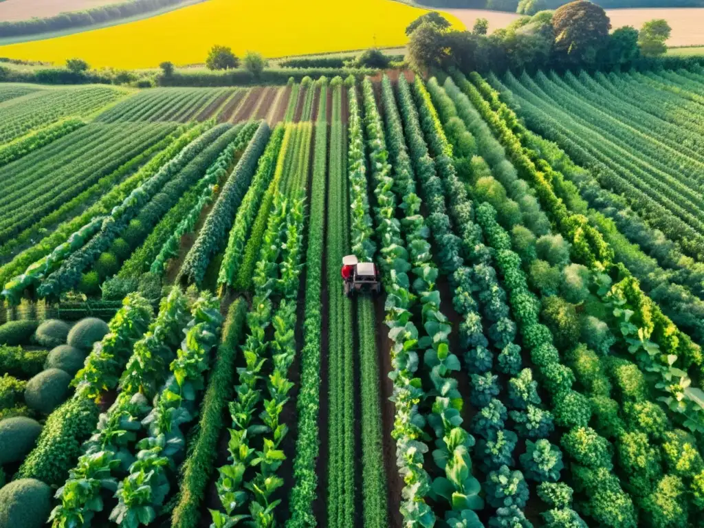 Vista aérea de granja orgánica con cultivos verdes y ordenados, resaltando la resiliencia de la agricultura orgánica ante el cambio climático