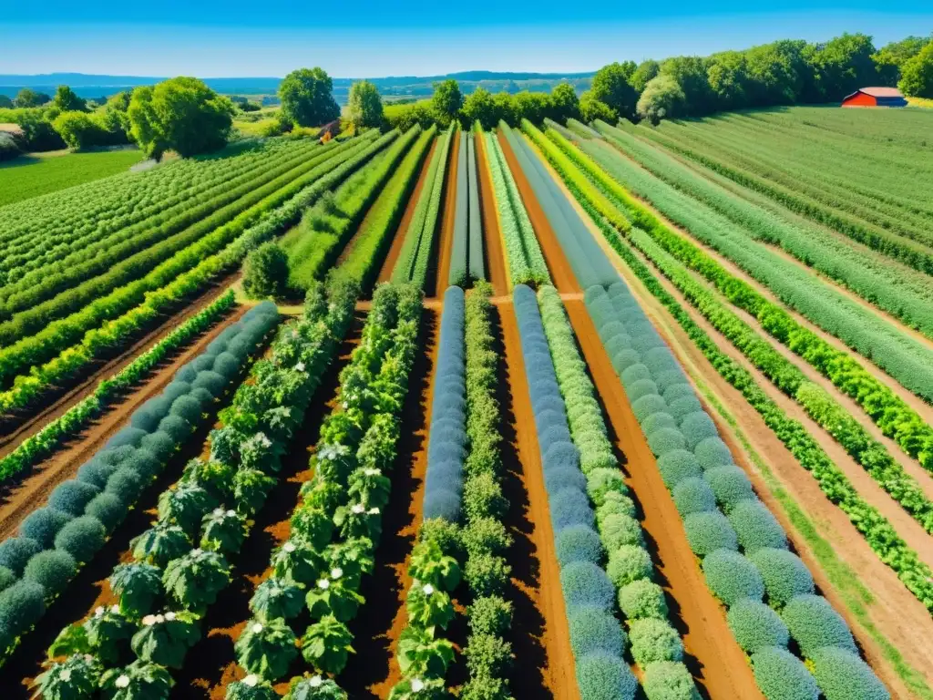 Vista aérea de una granja orgánica vibrante y exuberante, con hileras de frutas y verduras coloridas bajo el cielo azul