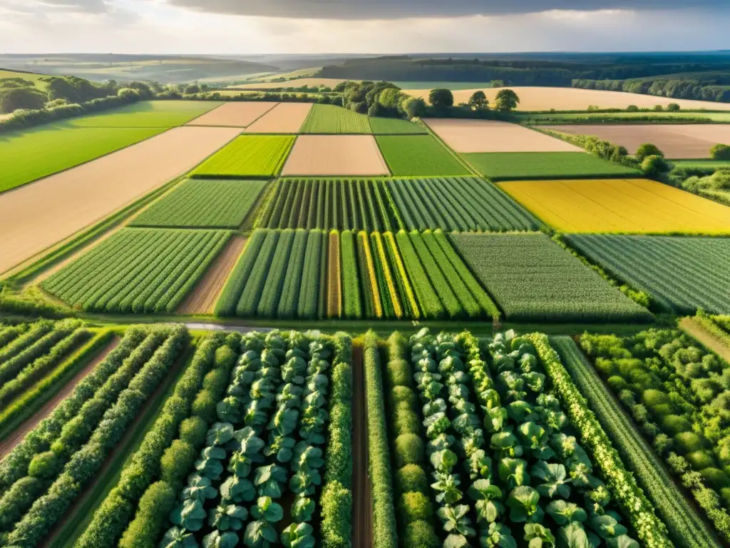 Vista aérea de granja orgánica, cultivos ordenados bañados por cálida luz dorada