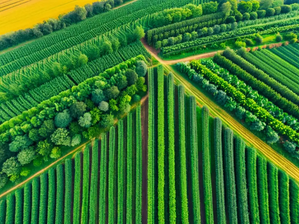 Vista aérea de granja orgánica con cultivos verdes y equipo de agricultores